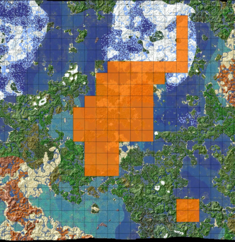 Supercraft 1.21 Chunk Map, with chunks to be kept highlighted in orange.