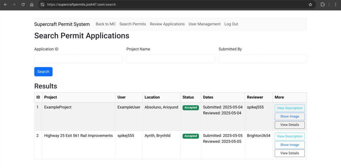Supercraft Permit System V0.2.0, looking like a website from the first half of the 2020s.