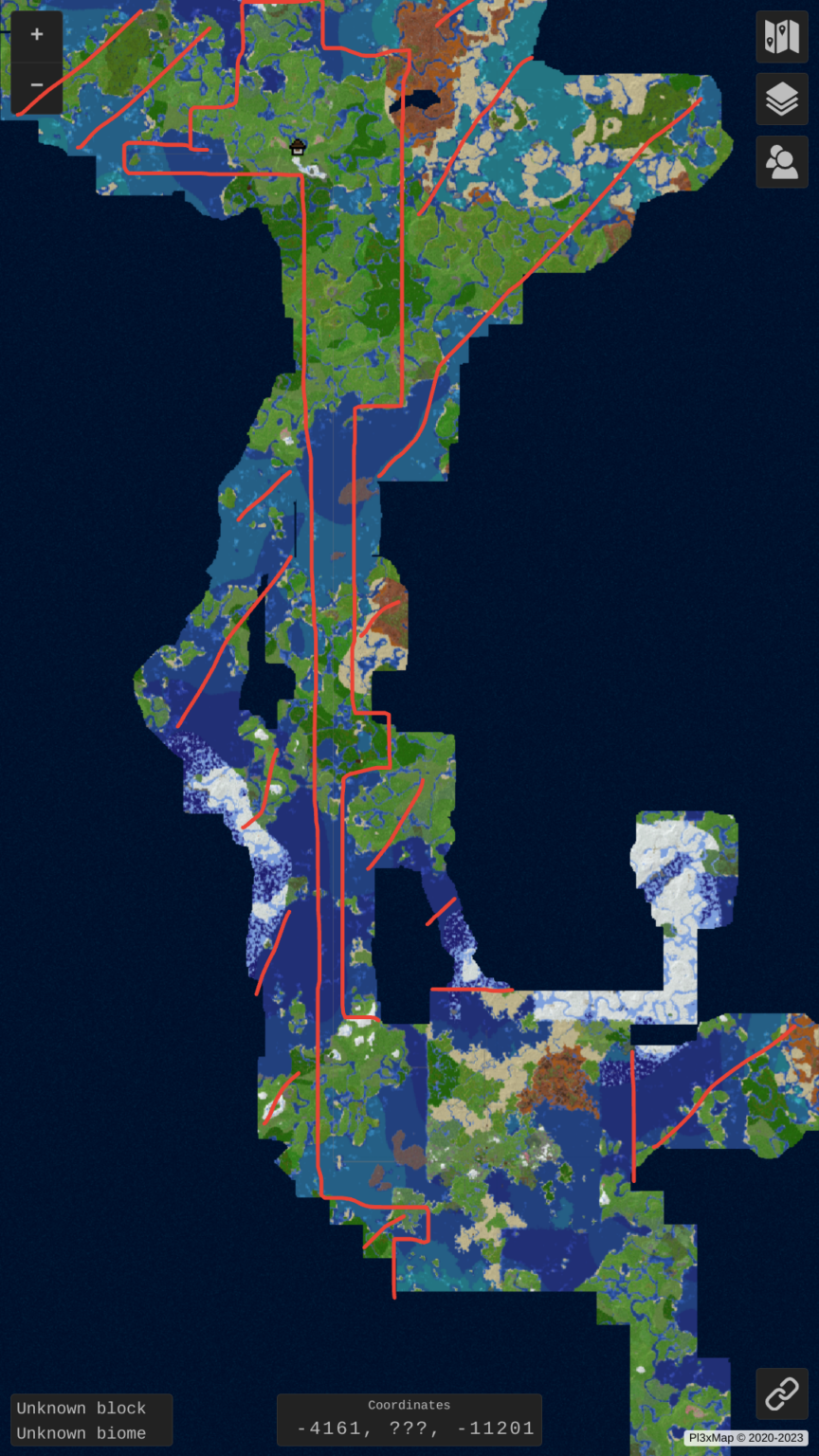 A screenshot of the Supercraft map, showing a rough approximation of chunks to be deleted when we update to 1.21.5 as red hatched.